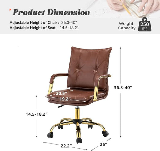 HULALA HOME Faux Leather Home Office Desk Chair, Adjustable Swivel Computer Chair with Golden Legs and Arms, Comfy Upholstered Task Chair, Brown