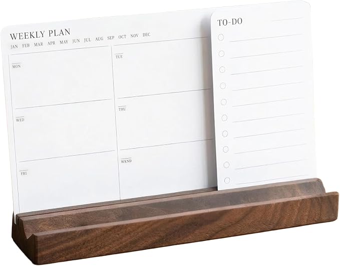 Minimalist Weekly Planner Desk Set – Solid Black Walnut Stand with Pen Tray, Double-Sided Planner & To-Do Cards (Walnut Stand and Planner Cards)