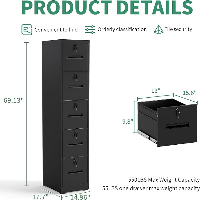 File Cabinet 5 Drawer with Lock, Vertical Filing Cabinets for Home Office, Metal Steel Storage Cabinet for Letter/Legal Size File, Assembly Required(Black)