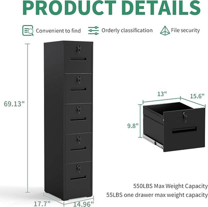 File Cabinet 5 Drawer with Lock, Vertical Filing Cabinets for Home Office, Metal Steel Storage Cabinet for Letter/Legal Size File, Assembly Required(Black)