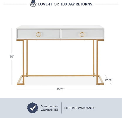 BELLEZE Vanity Desk with 2 Drawers, 45 Inch Computer Desk Mordern Vanity Makeup Dressing Table Home Office Desk Laptop Study Writing Table with Gold Metal Frame, White