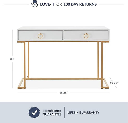 BELLEZE Vanity Desk with 2 Drawers, 45 Inch Computer Desk Mordern Vanity Makeup Dressing Table Home Office Desk Laptop Study Writing Table with Gold Metal Frame, White