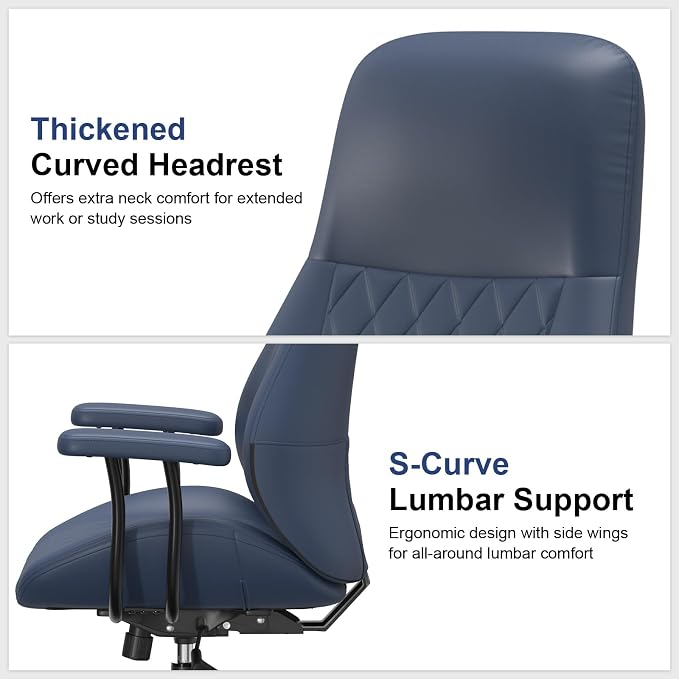 E-Ser Leather Desk Chair, Mid Century Modern Office Chair, Blue | Lumbar Support, Ergonomic, 360° Swivel, Rubber Rolling Wheels, Adjustable Height, for Adults