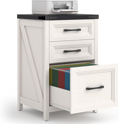 Vabches 3 Drawer Vertical File Cabinet, Farmhouse Wooden Filing Cabinet Fits A4 Letter Size, Under Desk Small File Cabinet, Printer Stand with Storage Organizer for Home Office, White and Black