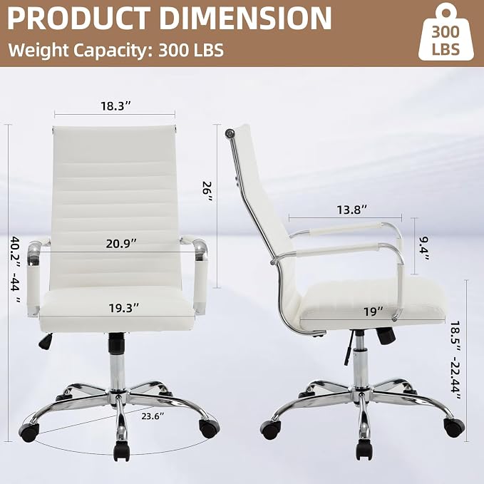 Office Chair, Ergonomic Executive Conference Room Chairs, Ribbed Leather Desk Chair with Lumbar Support, Adjustable Height Mid-Back Swivel Chair (Triple Bend Handrail Armrests, White)