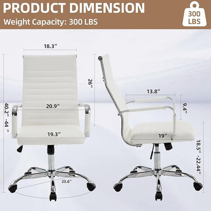 Office Chair, Ergonomic Executive Conference Room Chairs, Ribbed Leather Desk Chair with Lumbar Support, Adjustable Height Mid-Back Swivel Chair (Triple Bend Handrail Armrests, White)