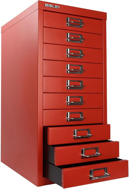 Bisley 10-Drawer Steel MultiDrawer Cabinet - Cardinal Red | Chrome Pull Handles with Label Holders, Powder-Coated Steel, Removable Drawers, Fits Under Most Desks, Labels Included