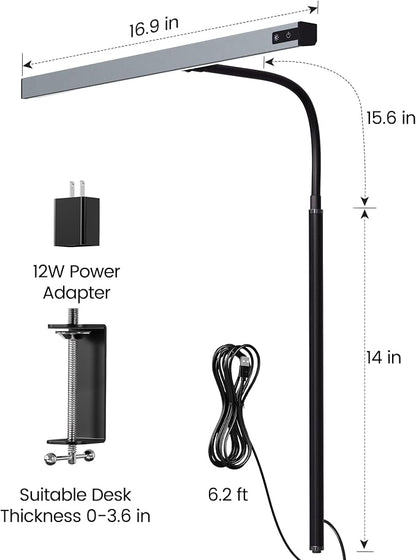 SUPERDANNY LED Desk Lamp for Office Home, Eye-Caring Desk Light with Adjustable Gooseneck, 12W Touch Control Dimmable Brightness, Architect Clamp Lamp with USB Adapter, Grey