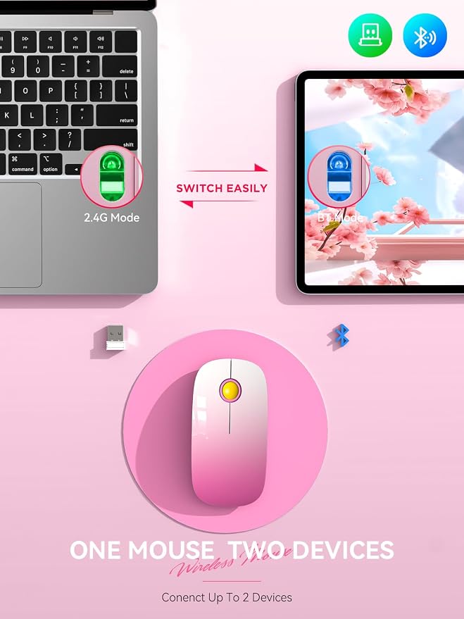 Bluetooth Wireless Mouse - (BT5.1+USB) Slim Dual Mode Computer Mice with Quiet Click, Low Power, and 1600 DPI, Portable Cordless Mouse for MacBook, Laptop, iPad Pro/Air(Gradient Pink)