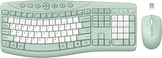Wireless Keyboard and Mouse Combo, 2.4G Full Size Quiet Ergonomic Curved Keyboard for Natural Typing, 3-Level DPI Adjustable Silent Mouse for Windows, Mac OS, Desktop/Office and Home (Avocado Green-B)