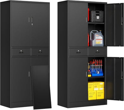 Metal Storage Cabinet, 71" H Garage Cabinet with 2 Locking Drawers and 2 Adjustable Shelves, Black Tool Cabinet, Tall Storage Cabinet for Home, Office, Gym, School