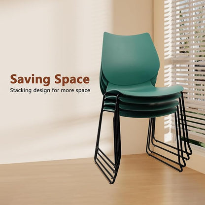 KLASIKA Stackable Waiting Room Chair, Stacking Office Chair with Ergonomic Lumbar Support and Metal Legs, Plastic Desk Chairs for Conference School Church Guest Reception Set of 4, Green
