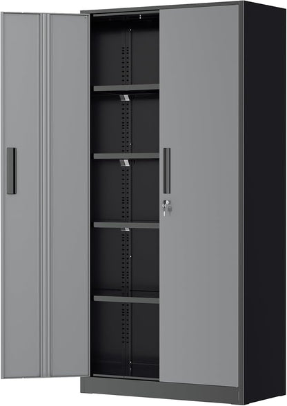 Greenvelly Metal Garage Storage Cabinet with Lock, 72”Metal Storage Cabinet with 2 Doors and 4 Adjustable Shelves, Steel Tool Cabinet for Garage,Home Office, School,Gym (Black Grey)