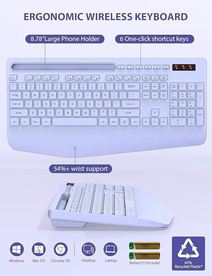 SABLUTE Wireless Keyboard and Mouse, Wrist Rest, Phone Holder, Batteries Included, 2.4G Lag-Free Ergonomic Keyboards Mouse Combo, KM23D Silent Keyboards Set for Computer, Laptop, PC, Windows, Purple