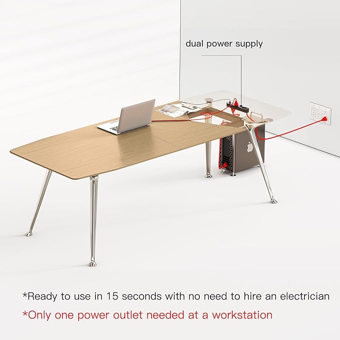 60-Inch Executive Desk, Modern Desk for Home Office, Wooden Study Writing Work Table with Power Outlets and USB-C Port, Large Legroom, Sturdy Metal Frame, Mid-Century Modern Simple, Light Brown