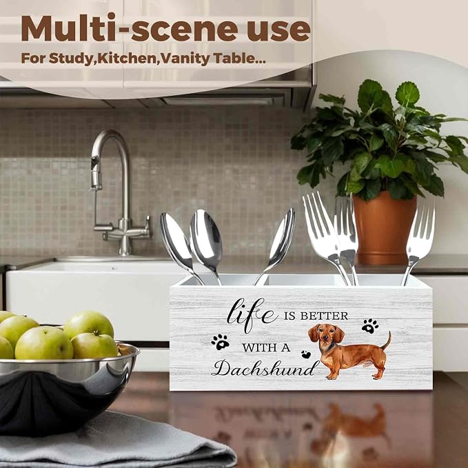 Dachshund Dog Pencil Pen Holder for Desk Organizer, Dachshund Gifts for Women Men, Weiner Dog Gifts Wooden Box Decorations for Home Bedroom Office Desk Tabletop Decor