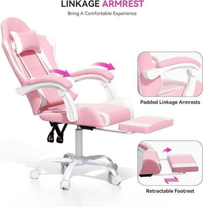 Gaming Chair, Ergonomic Computer Chairs with Arms, Lumbar Support, Footrest, Headrest 360°Swivel Chair, Adjustable Back and Height, Leather PC Chairs for Gaming, Study, Office, Pink