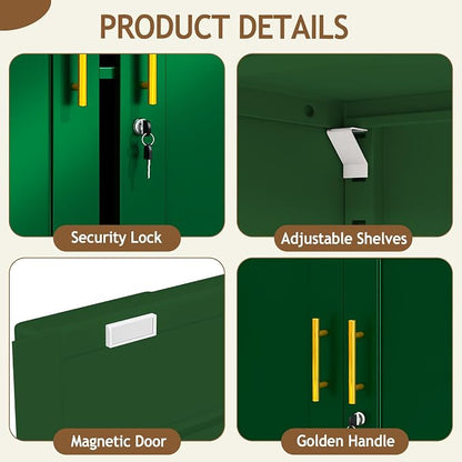 pozdeg 35" Metal Storage Cabinet with Lock and Wheels, Lockable Office File Cabinet with 2 Doors and 2 Adjustable Shelves, Rolling Steel Tool Garage Cabinets for Home Office (Green)