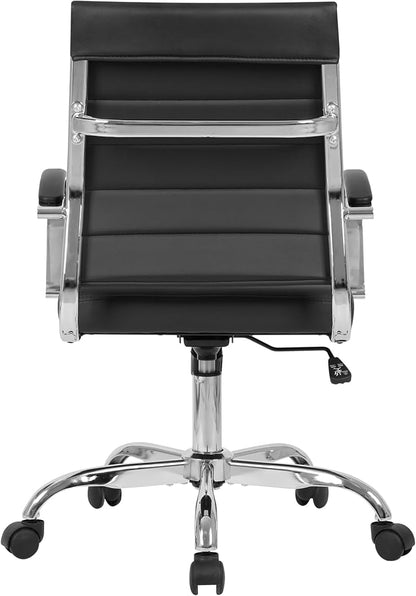 LANDSUN Home Office Chair Mid Back Desk Chair PU Leather Ribbed Executive Swivel Computer Chair with Wheels and Armrests Soft Padded Adjustable Height Conference Task Black