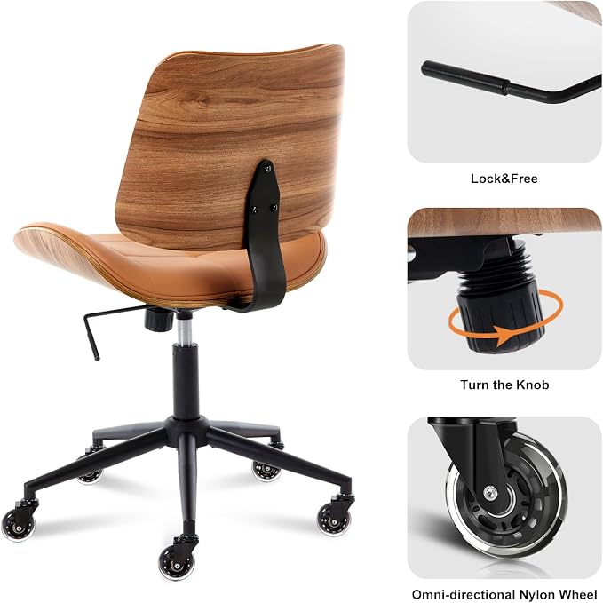 BV Armless Office Chair with Rubber Wheels, 360° Swivel Adjustable Task Chair, PU Leather Rolling Desk Chair for Home Office, Study and Conference Room, Brown