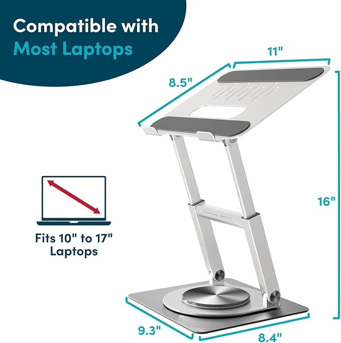 Lifelong 360 Rotating Ergonomic Laptop Stand for Desk, Laptop Riser with Swivel Base, Adjustable Computer Stand for 10-17" MacBook Pro & All Laptops- Portable Standing Desk Converter- Height 16"