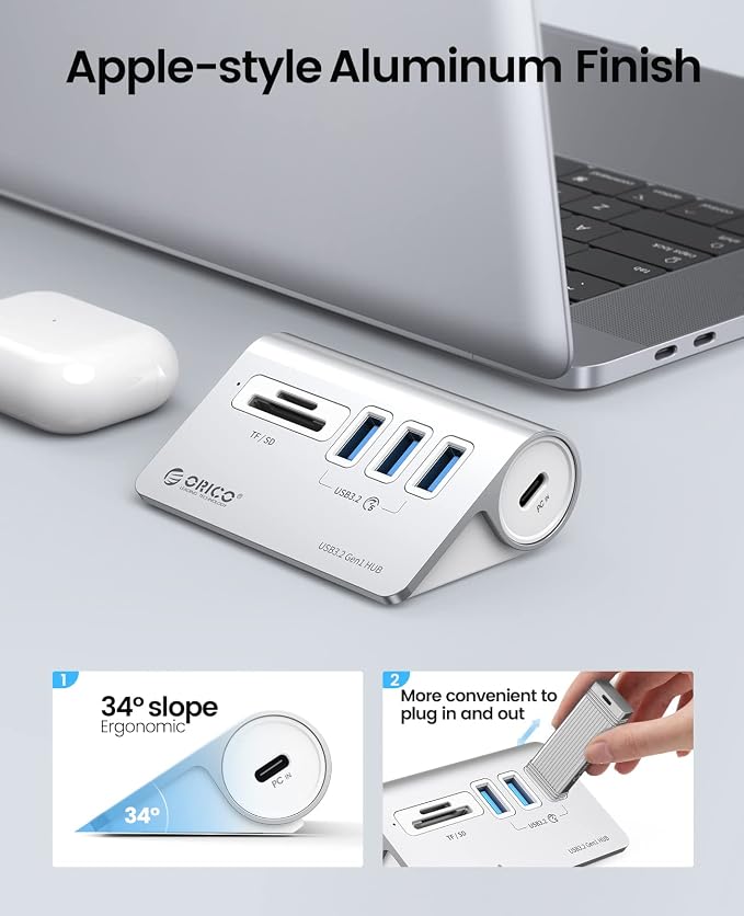 ORICO 5-Port USB 3.2 Gen1 Hub, Desktop USB 3.0Hub with 3 USB-A, SD/TF Card Reader, 5V 2A Power Supply Port, 5Gbps Aluminium USB-Splitter with 1.64Ft USB-C to USB-A/C Cable for iMac, MacBooks, Mac mini