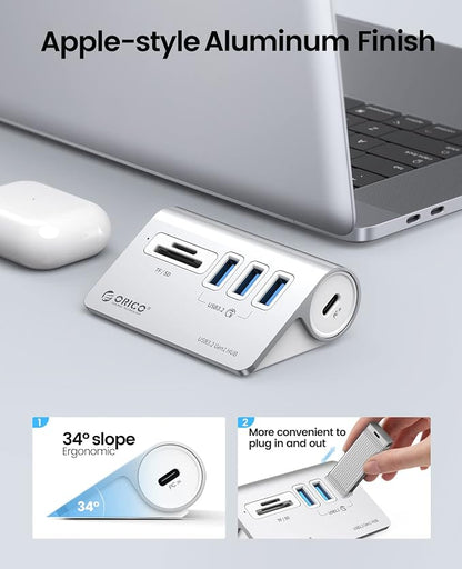 ORICO 5-Port USB 3.2 Gen1 Hub, Desktop USB 3.0Hub with 3 USB-A, SD/TF Card Reader, 5V 2A Power Supply Port, 5Gbps Aluminium USB-Splitter with 1.64Ft USB-C to USB-A/C Cable for iMac, MacBooks, Mac mini