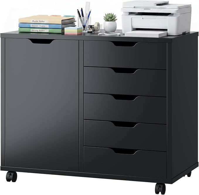 5 Drawer File Cabinet with Wheels, Rolling Office Storage Cabinet with Shelves and Door, Printer Stand with Drawers, Under Desk Filing Cabinet with Wood Board, Black