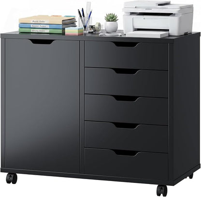 5 Drawer File Cabinet with Wheels, Rolling Office Storage Cabinet with Shelves and Door, Printer Stand with Drawers, Under Desk Filing Cabinet with Wood Board, Black