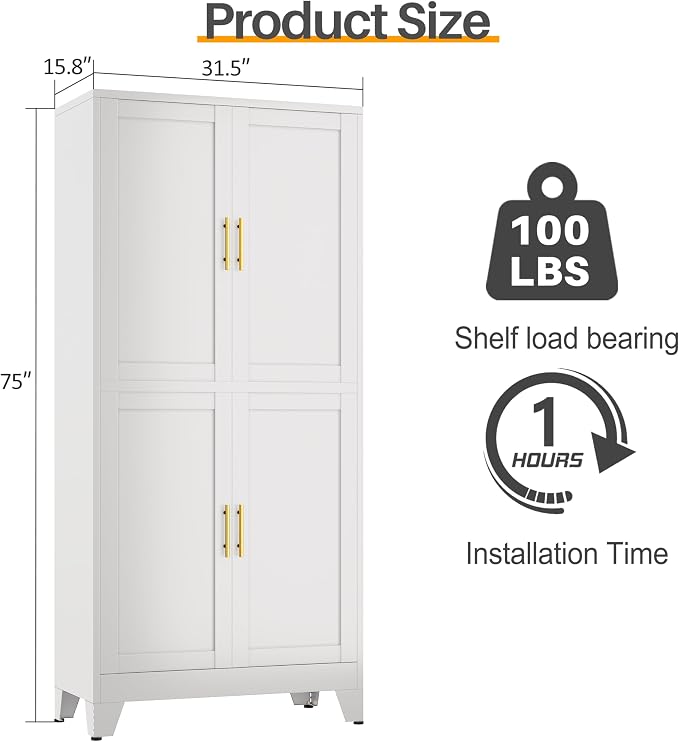 75" H Tall Kitchen Pantry Cabinet, Pantry Storage with Doors and 3 Adjustable Shelves, Metal Storage, Cupboard for Kitchen, White