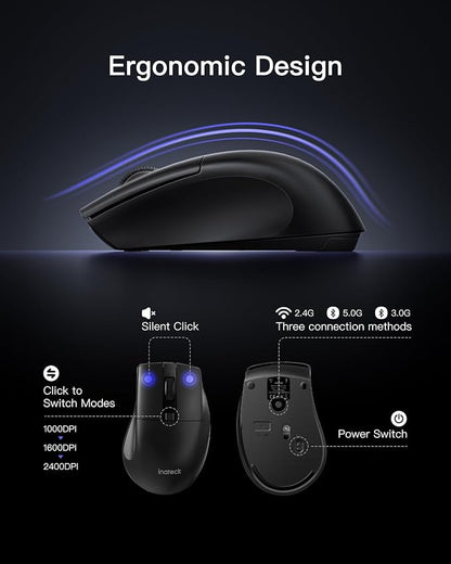 Inateck Wireless Keyboard and Mouse Combo, Full-Size Keyboard with Wrist Rest, Phone Holder, 2.4 GHz Wireless/Bluetooth Silent, Compatible with Computer, Laptop, PC, Mac, Windows