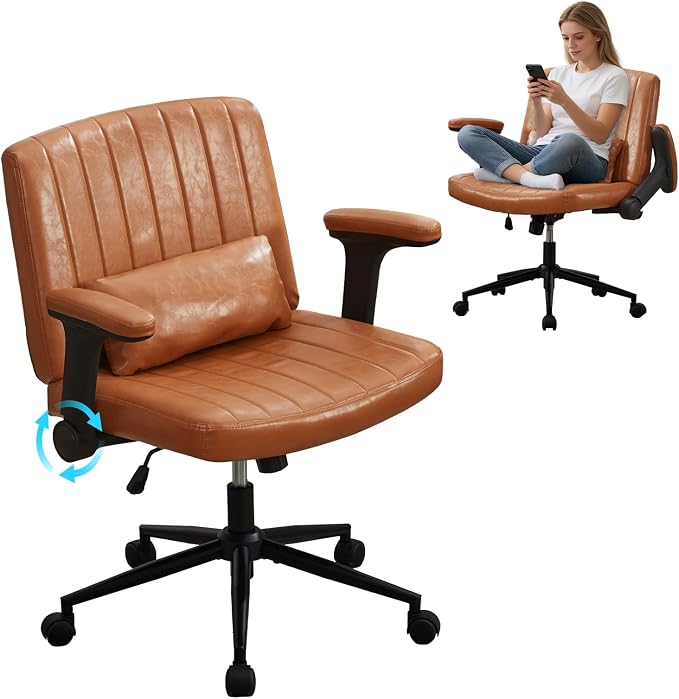 IPKIG Criss Cross Chair with Adjustable Flip-up Arms, Vanity Chair with Wheels, Comfy Desk Chair with Lumbar Pillow Swivel Wide Office Chair for Home Office, Bedroom (PU Leather, Brown)
