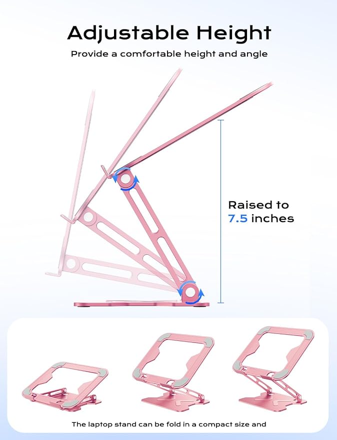JCZT Adjustable Laptop Stand for Desk, Metal Foldable Laptop Riser, Portable Laptop Holder Mount, Ventilated Cooling Computer Notebook Stand for MacBook Air Pro, All 10-16'' Notebooks Laptops, Pink