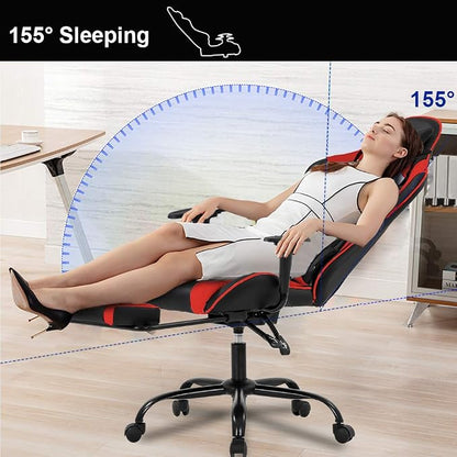 BestOffice | Ergonomic Gaming Chair | Red | Reclining Computer Chair with Lumbar Support, Headrest Pillow, Adjustable Footrests | 360 Swivel with Heavy Duty Wheels | for Home & Office