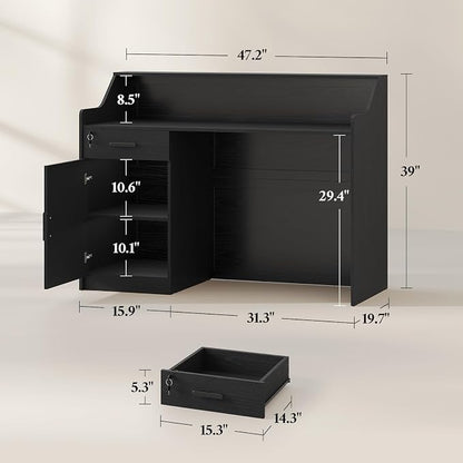 Reception Desk with Counter, Front Desk with Storage Cabinet and Drawer, 47 inch Modern Retail Counter with Cable Grommet for Checkout, Barber, Beauty Salon, Home Office