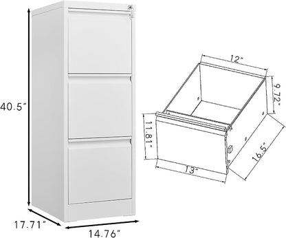 3 Drawer Vertical File Cabinet with Lock, Narrow Metal Steel Storage Cabinet for Home Office, Fits A4, Legal & Letter Size Files, Assembly Required