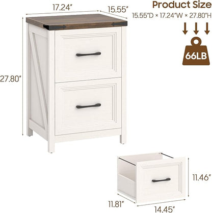 Vabches 2 Drawer Vertical File Cabinet, Wood Farmhouse Filing Cabinet Fits A4/Letter Size, Under Desk Small File Cabinets Printer Stand with Storage for Home Office, White and Brown
