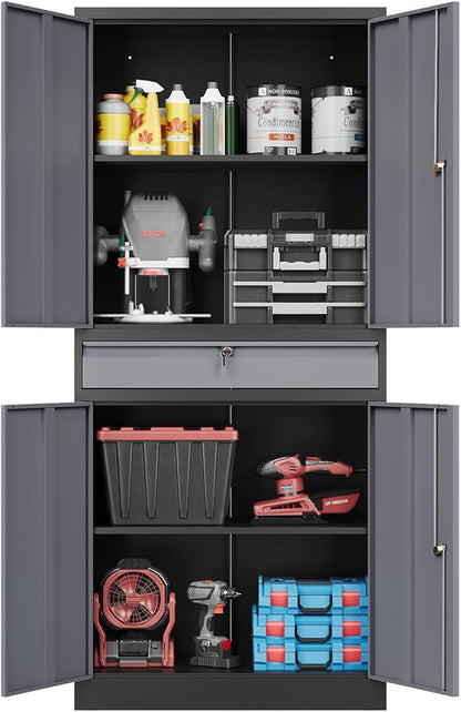 Fesbos 71" Metal Cabinet-Black&Gray Heavy Duty Storage File Cabinet Steel Tool Cabinets with Shelves, Lockable Doors and Drawers- for Garage, Pantry, Warehouse - Assembly Required