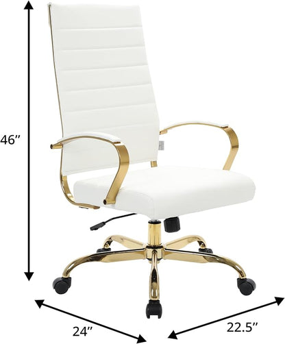 LeisureMod Modern High-Back Leather Office Chair - Swivel & Adjustable Executive Desk Chair with Gold Frame, Ergonomic Design for Home & Office (White, Set of 2)