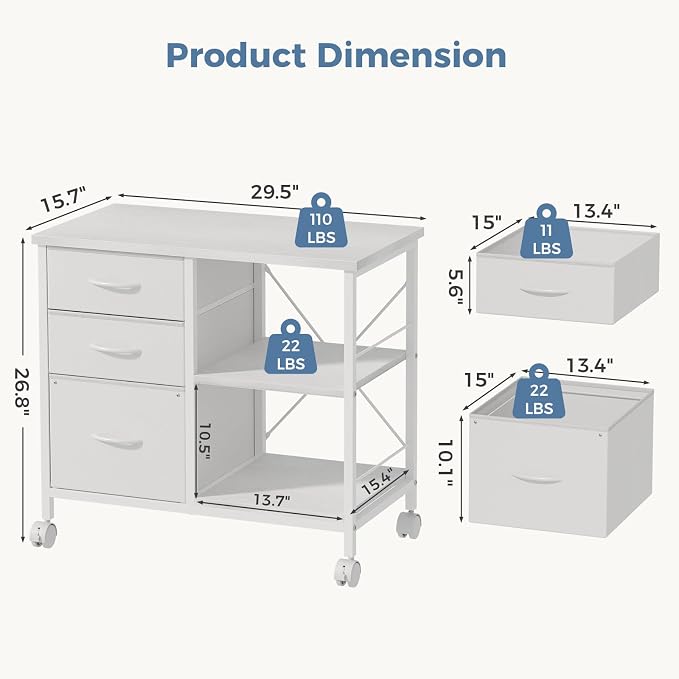 DUMOS 3 Drawer Mobile File Cabinet, Freestanding Fabric Lateral Filing Cabinet Fits A4/Letter Size, Space Saving Rolling Printer Stand with X-Frame and Open Storage Shelf for Home Office, White