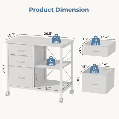 DUMOS 3-Tier Mobile File Cabinet, Printer Stand with Storage, Office Table with Drawers and Back Support Bar, Holds 110lbs for Home Office, White