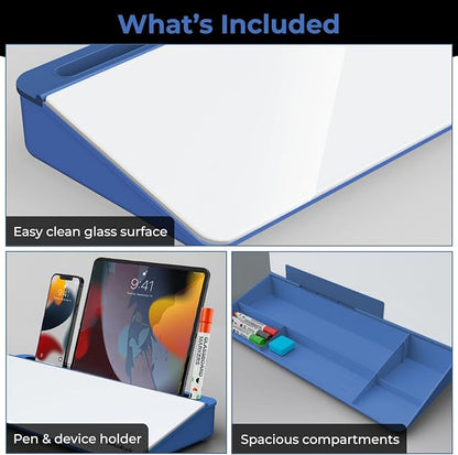 Chalkola Blue Glass Desktop Whiteboard with Storage - Dry Erase Board, Work Desk Organizers, Computer Keyboard Stand, Home Office Desk Accessories, Workspace Desktop Buddy