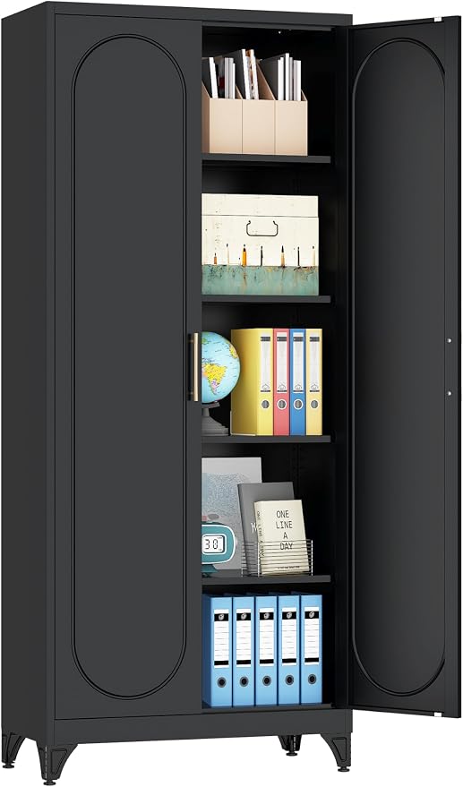 75" Tall Black Metal Storage Cabinet with 2 Doors and 4 Adjustable Shelves, Heavy Duty Steel Pantry Cabinet for Garage, Home Office, Kitchen and Laundry Room, Freestanding Utility Cupboard