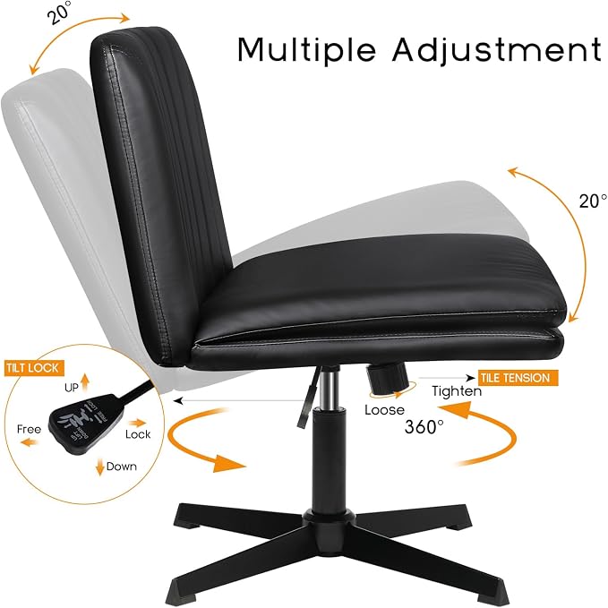 PUKAMI Criss Cross Chair,Comfy Cross Legged Office Desk Chair No Wheels,Modern Fabric Swivel Adjustable Height Mid Back Wide Seat for Home Office Computer (Pu Black)