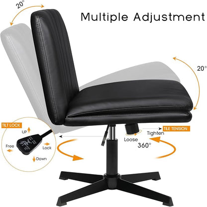 PUKAMI Criss Cross Chair,Comfy Cross Legged Office Desk Chair No Wheels,Modern Fabric Swivel Adjustable Height Mid Back Wide Seat for Home Office Computer (Pu Black)