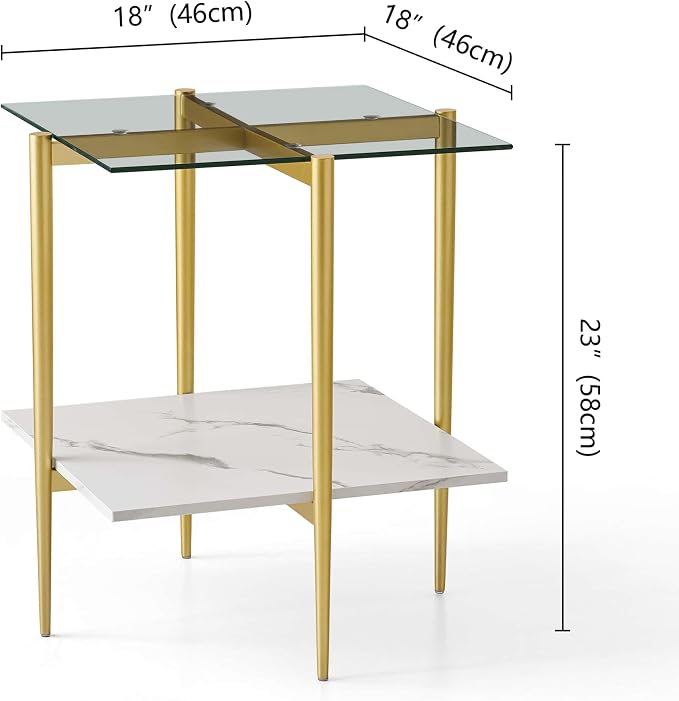 LumFurn Square Glass End Table, Mid-Century Modern Design Sofa Table, for Living Room, L18 x W18 x H23, Clear Glass Top and White Marble MDF Shelf, Sleek Conical Metal Legs with Gold Finish
