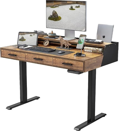 CubiCubi Standing Desk 48x26 Inches with 3 Wood Drawers and Monitor Shelf, Ergonomic Rising Home Office Desks, Height Adjustable Computer Desk, Sit Stand Up Electric Workstation Table, Brown
