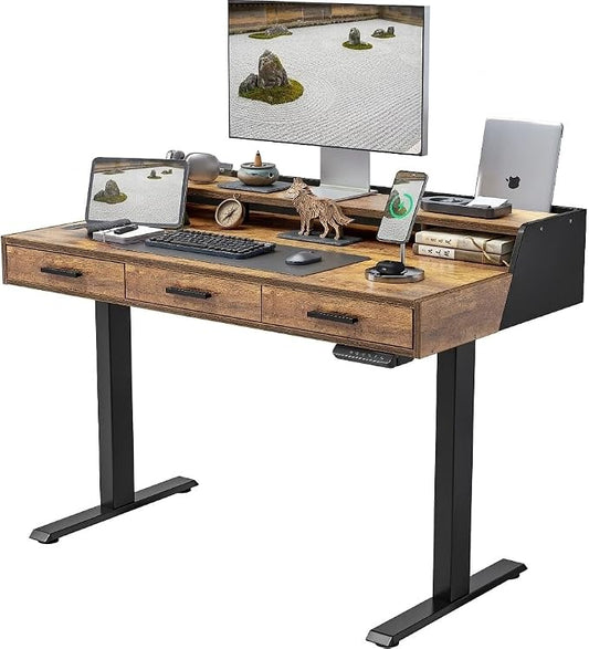 CubiCubi Standing Desk 48x26 Inches with 3 Wood Drawers and Monitor Shelf, Ergonomic Rising Home Office Desks, Height Adjustable Computer Desk, Sit Stand Up Electric Workstation Table, Brown