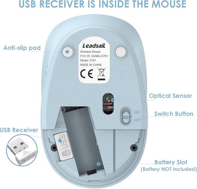 LeadsaiL Wireless Mouse for Laptop, 2.4GHz Silent USB Mouse, Slim Optical Mouse with 3 Buttons, 1600 DPI, Works with Windows, Mac, Chrome OS, Linux