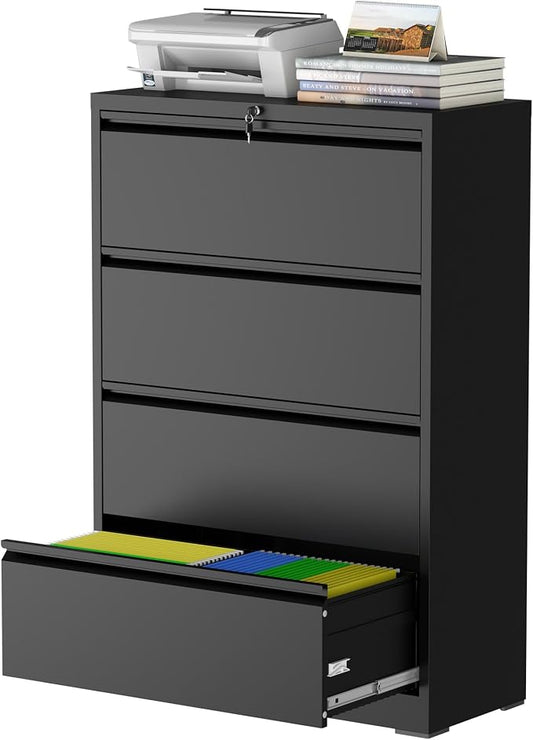 4 Drawer Lateral File Cabinet with Lock, Black Metal File Cabinets for Home Office, Steel Heavy-Duty Filing Storage Cabinet for Letters/Legal/A4, Require Assembly